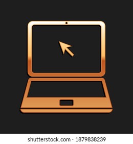 Portátil dorado con icono del cursor aislado en el fondo negro. Estilo de sombra larga. Vector.