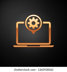 Gold Laptop and gear icon isolated on black background. Laptop service concept. Adjusting app, setting options, maintenance, repair, fixing. Vector Illustration