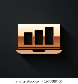 Gold Laptop with graph chart icon isolated on black background. Report text file icon. Accounting sign. Audit, analysis, planning. Long shadow style. Vector Illustration