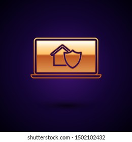 Gold Laptop with house under protection icon isolated on dark blue background. Protection, safety, security, protect, defense concept.  Vector Illustration