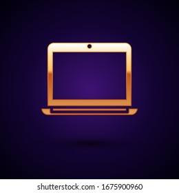 Gold Laptop icon isolated on black background. Computer notebook with empty screen sign.  Vector Illustration