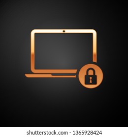 Gold Laptop and lock icon isolated on black background. Computer and padlock. Security, safety, protection concept. Safe internetwork. Vector Illustration