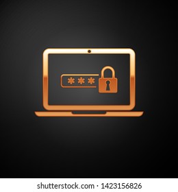 Gold Laptop with password notification and lock icon isolated on black background. Concept of security, personal access, user authorization, login form. Vector Illustration