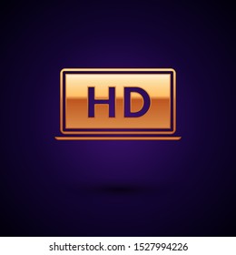 Gold Laptop screen with HD video technology icon isolated on dark blue background.  Vector Illustration