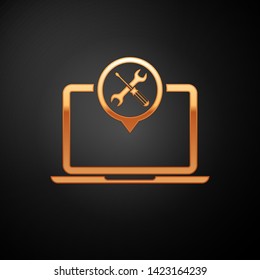 Gold Laptop with screwdriver and wrench icon isolated on black background. Adjusting, service, setting, maintenance, repair, fixing.  Vector Illustration