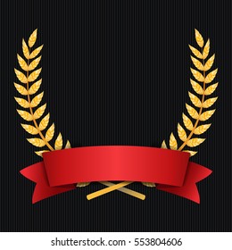 Gold Laurel Vector. Shine Wreath Award Design. Red Ribbon. Place For Text