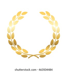 Gold laurel or wheat wreath icon, symbol of victory, achievement and grain, natural food. Golden design element for medals, awards, logo. Silhouette, isolated on white background. Vector illustration