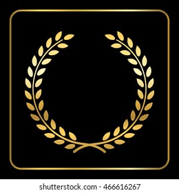 Gold laurel or wheat wreath icon, symbol of victory, achievement and grain, natural food. Golden design element for medals, awards, logo. Silhouette, isolated on black background. Vector illustration