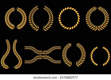 Gold laurel wreath. Laurel wreath award. Leaf border, Green laurel design. Laurel wreath icon design isolated on transparent background. Round border with wreath symbols, silhouette vector.