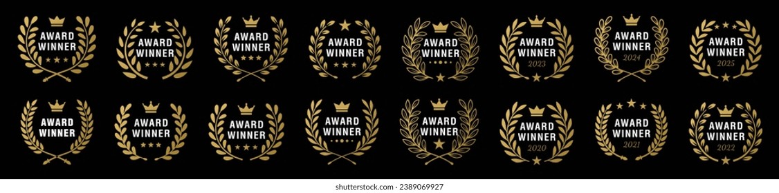 Colección de diseño vectorial del logotipo del emblema ganador del premio de la corona de oro