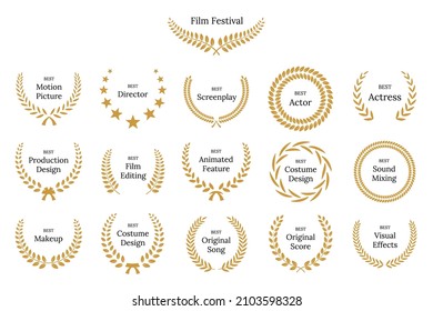 Gold laurel wreath with black Film Awards design elements. Premium insignia, traditional victory symbol on white background. Triumph, win poster, banner layout. Frame, border template