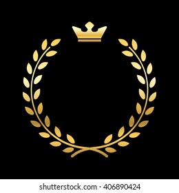 Gold laurel wreath, with crown. Golden leaf emblem. Vintage design, isolated on black background. Decoration for insignia, banner award. Symbol of triumph, sport victory, trophy. Vector illustration.