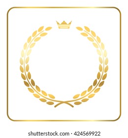 Gold laurel wreath, with crown. Golden leaf emblem. Vintage design, isolated on white background. Decoration for insignia, banner award. Symbol of triumph, sport victory, trophy. Vector illustration.