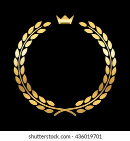 Gold laurel wreath, with crown. Golden leaf emblem. Vintage design, isolated on black background. Decoration for insignia, banner award. Symbol of triumph, sport victory, trophy. Vector illustration.