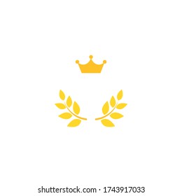 Leyenda de oro con icono de la corona. Ilustración vectorial plana aislada en blanco.  Etiqueta ganadora hecha de ramas con hojas verdes. Logo de la victoria. Primer lugar, icono de premio