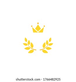 Gold Laurel Wreath with crown Icon. Vector Flat illustrationisolated on white.  Winner label made of twigs with green leaves. Victory logo. First place, award icon