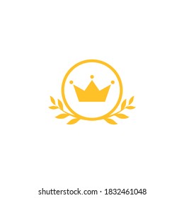 Gold Laurel Wreath with crown Icon. Vector Flat illustrationisolated on white.  Winner label made of twigs with green leaves. Victory logo. First place, award icon