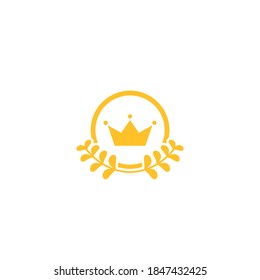 Gold Laurel Wreath with crown Icon. Vector Flat  illustrationisolated on white.  Winner label made of twigs with green leaves. Victory logo. First place, award icon