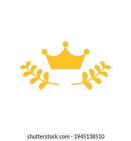 Leyenda de oro con icono de la corona. Ilustración vectorial plana aislada en blanco.  Etiqueta ganadora hecha de ramas con hojas verdes. Logo de la victoria. Primer lugar, icono de premio