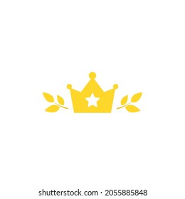 Gold Laurel Wreath with crown Icon. Vector Flat illustrationisolated on white.  Winner label made of twigs with green leaves. Victory logo. First place, award icon