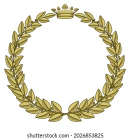 Corona de laurel de oro con corona. Recompensa con una corona de laurel dorado. Dibujo estilizado de grabado de época. Ilustración vectorial. 