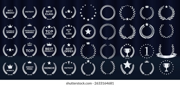 Gold laurel wreath encircles elegant award winner emblem. Luxury nomination badge shines on dark victory background. Vector golden medal displays crown, stars, and ribbons. Championship podium glows