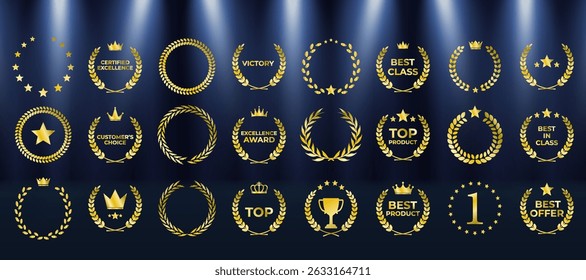 Gold laurel wreath encircles elegant award winner emblem. Luxury nomination badge shines on dark victory background. Vector golden medal displays crown, stars, and ribbons. Championship podium glows