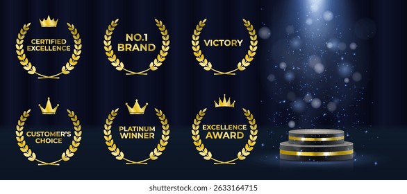 Gold laurel wreath encircles elegant award winner emblem. Luxury nomination badge shines on dark victory background. Vector golden medal displays crown, stars, and ribbons. Championship podium glows