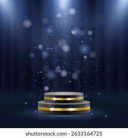 Gold laurel wreath encircles elegant award winner emblem. Luxury nomination badge shines on dark victory background. Vector golden medal displays crown, stars, and ribbons. Championship podium glows