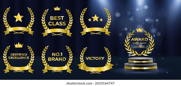 Gold laurel wreath encircles elegant award winner emblem. Luxury nomination badge shines on dark victory background. Vector golden medal displays crown, stars, and ribbons. Championship podium glows