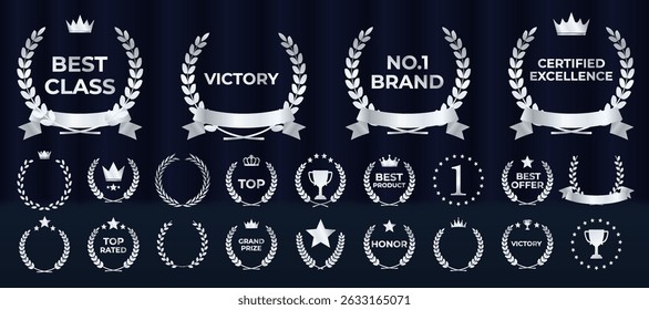 Gold laurel wreath encircles elegant award winner emblem. Luxury nomination badge shines on dark victory background. Vector golden medal displays crown, stars, and ribbons. Championship podium glows