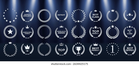 Gold laurel wreath encircles elegant award winner emblem. Luxury nomination badge shines on dark victory background. Vector golden medal displays crown, stars, and ribbons. Championship podium glows