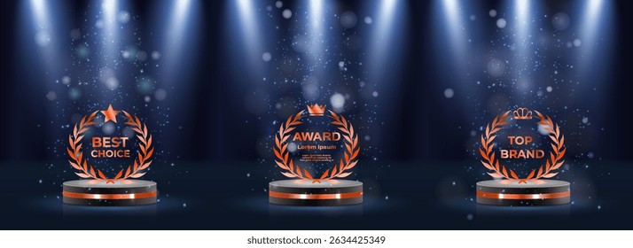 Gold laurel wreath encircles elegant award winner emblem. Luxury nomination badge shines on dark victory background. Vector golden medal displays crown, stars, and ribbons. Championship podium glows