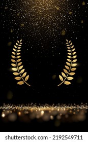 Gold laurel wreath and falling glitter vector illustration. Realistic movie award, golden dust in festive glamour holiday poster, confetti rain from shiny particles on black background.