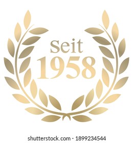 Gold Laurel wreath with German text since 1958 isolated on a white background   