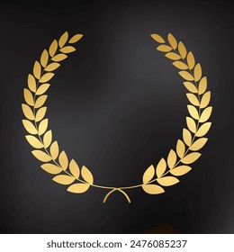 Gold laurel wreath, Golden circular laurel foliate or olive branches greek wreath, A winner award of olive leaves or stars of victory symbol, achievement heraldry symbol isolated on dark background