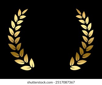 Gold laurel wreath, Golden circular laurel olive branches greek wreath vector illustration, A winner award of olive, stars of victory symbol, achievement heraldry symbol isolated on black background