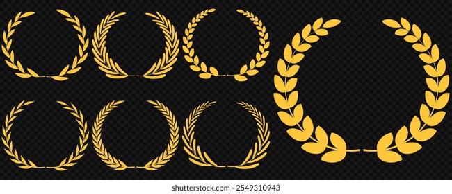 Goldener Lorbeerkranz, Goldener kreisförmiger Lorbeerkranz, Olivenzweige griechischer Kranz, Vektorgrafik, Gewinnerpreis der Olive, Sterne des Siegessymbols, Errungenschafts-Heraldiesymbol einzeln auf weißem Hintergrund