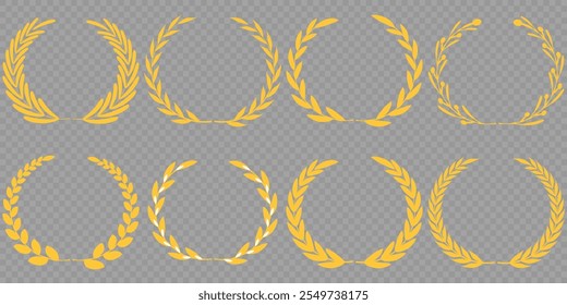 Goldener Lorbeerkranz, Goldener kreisförmiger Lorbeerkranz, Olivenzweige griechischer Kranz, Vektorgrafik, Gewinnerpreis der Olive, Sterne des Siegessymbols, Errungenschafts-Heraldiesymbol einzeln auf weißem Hintergrund