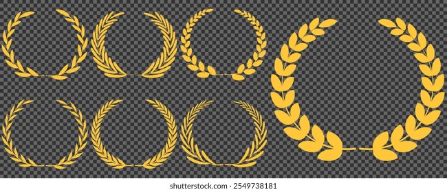 Goldener Lorbeerkranz, Goldener kreisförmiger Lorbeerkranz, Olivenzweige griechischer Kranz, Vektorgrafik, Gewinnerpreis der Olive, Sterne des Siegessymbols, Errungenschafts-Heraldiesymbol einzeln auf weißem Hintergrund