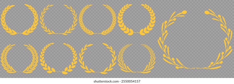 Goldener Lorbeerkranz, Goldener kreisförmiger Lorbeerkranz, Olivenzweige griechischer Kranz, Vektorgrafik, Gewinnerpreis der Olive, Sterne des Siegessymbols, Errungenschafts-Heraldiesymbol einzeln auf weißem Hintergrund