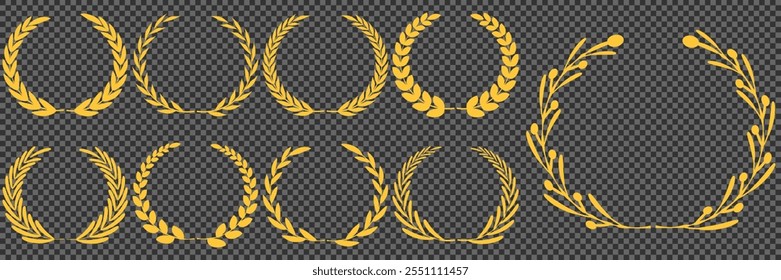 Goldener Lorbeerkranz, Goldener kreisförmiger Lorbeerkranz, Olivenzweige griechischer Kranz, Vektorgrafik, Gewinnerpreis der Olive, Sterne des Siegessymbols, Errungenschafts-Heraldiesymbol einzeln auf weißem Hintergrund