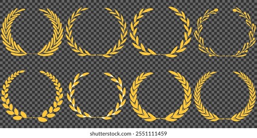 Goldener Lorbeerkranz, Goldener kreisförmiger Lorbeerkranz, Olivenzweige griechischer Kranz, Vektorgrafik, Gewinnerpreis der Olive, Sterne des Siegessymbols, Errungenschafts-Heraldiesymbol einzeln auf weißem Hintergrund