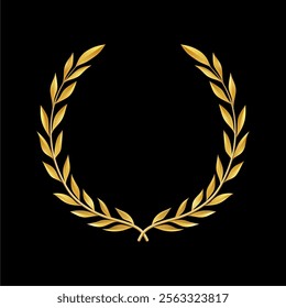 Gold laurel wreath, Golden circular laurel olive branches Greek wreath vector illustration, A winner award of olive, stars of victory symbol, achievement heraldry symbol isolated on black background