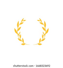 Gold Laurel Wreath Icon. Vector Flat illustrationisolated on white.  Winner label made of twigs with green leaves. Victory logo. First place, award icon