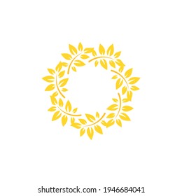 Gold Laurel Wreath Icon. Vector Flat illustrationisolated on white.  Winner label made of twigs with green leaves. Victory logo. First place, award icon