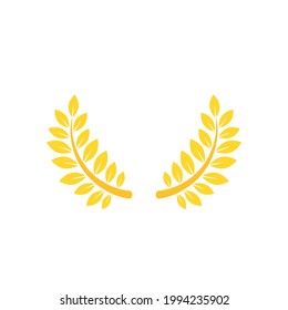 Gold Laurel Wreath Icon. Vector Flat illustrationisolated on white.  Winner label made of twigs with green leaves. Victory logo. First place, award icon