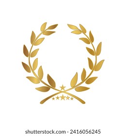 Gold Laurel Wreath Icon. Vector Flat illustrationisolated on white. Winner label made of twigs with green leaves. Victory logo. First place, award icon