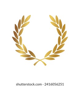 Gold Laurel Wreath Icon. Vector Flat illustrationisolated on white. Winner label made of twigs with green leaves. Victory logo. First place, award icon