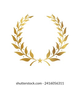 Gold Laurel Wreath Icon. Vektorgrafik Flache Illustration einzeln auf Weiß. Sieger-Label aus Zweigen mit grünen Blättern. Sieg Logo. Erster Platz, Preissymbol